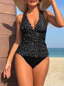 Swim Lushoire Áo hai dây bikini dây mảnh cổ chữ V chấm bi tôn dáng cho nữ - màu đen - Xem 3