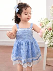 Cute Blue Embroidered Contrast Lace Sleeveless Dress, For Baby Girls, Summer - Blue - View 4