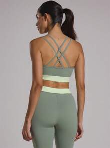 Crossover Waistband Contrast Panel Crossover Back Strap Sports Bra Musera Sport Active Gym Workout, Padel, Tennis, Pickleball Gym Fitness - Multicolor - View 4