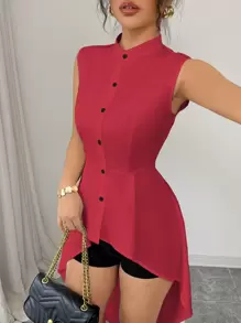 Selianne Blusa elegante de primavera/verano con cuello alto, sin mangas, cierre en la cintura y dobladillo largo con bajo asimétrico para ir a trabajar - Rojo - Ver 5