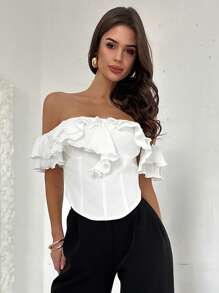 Firerie Blus Wanita Elegan, Halus, Romantis, Model Bahu Terbuka dengan Ruffle, Pas Badan, Cocok untuk Sehari-hari, Pernikahan, Pesta, Liburan, Musim Semi/Panas, Warna Aprikot - Aprikot - View 8
