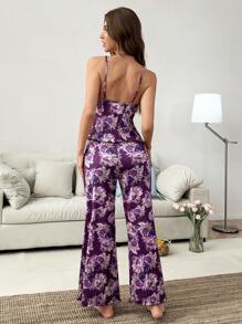 心形水钻装饰花卉印花荷叶边吊带背心和裤子睡衣套装