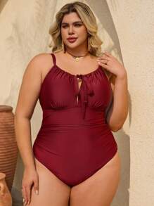 SHEIN CURVE+ Plus Size One Piece Solid Color Hollow Out Drawstring Ruched Sexy & Elegant Women Beachwear Swimsuit - Brown - View 3
