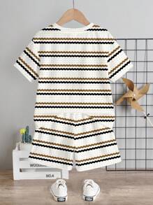 SHEIN Leap Crew 2pcs/Set Young Boy Casual Striped Pattern Round Neck Short Sleeve T-Shirt And Shorts, Suitable For Summer - Multicolor - View 3
