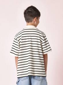 SUMWON Textured Crochet Knit Button-Up Shirt Preppy Stripe Pattern Summer Spring Short Sleeve Casual Everyday Beach Holiday Resort Wear Youth - Beige - View 2