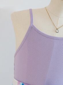 SHEIN 2pcs Tween Girl Floral Print Spaghetti Strap Top And Ruffle Hem Bowknot Skirt Set, Purple - Yellow - View 8