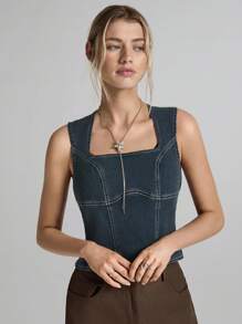 Easelle Women Square Neck Sleeveless Simple Fitted Denim Blouse, Casual Everyday Wear 2025 Summer Cowgirl Vintage - Blue - View 4