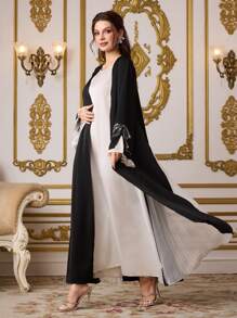 Al Najma Women's Elegant Contrast Color Block Crystal Decor Arabian Abaya Dress, Formal Summer Black Abaya, Modest Robe  Gulf Abayas - Black and White - View 6