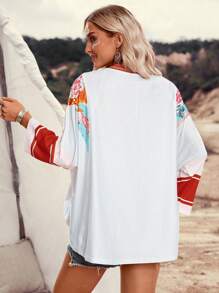 LanaWest Women's Casual Boho Colorblock Patchwork Contrast Color Short Sleeve Crew Neck T-Shirt, Suitable For Music Festivals & Parties - Blue - View 2