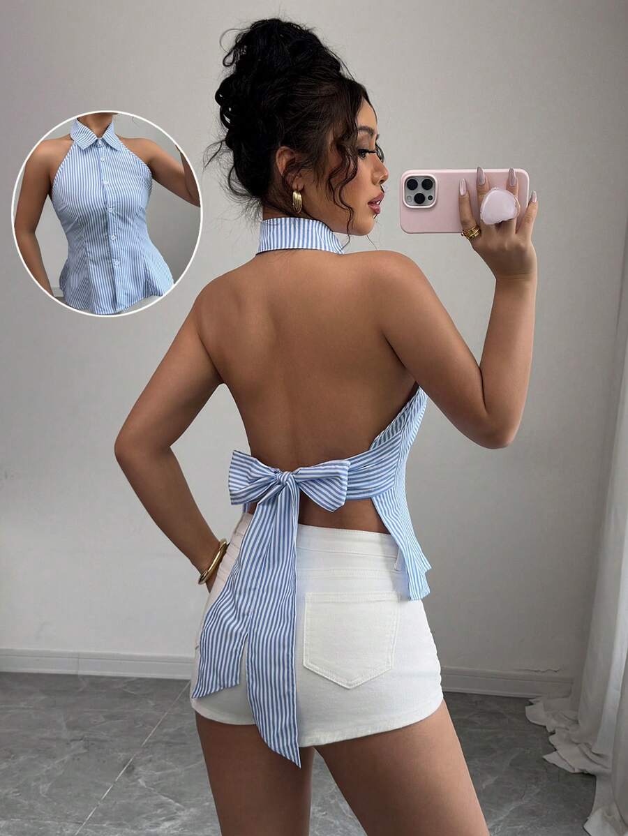 Elenzga Boho Style Backless Tie-Knot Blue & White Stripe Crop Top, Suitable For Music Festival In Spring/Summer - Blue - View 1