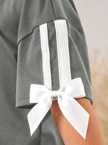 2pcs/Set Young Girl Plain Knit Round Neck Loose T-Shirt And Relaxed Fit Pants - Grey - View 2