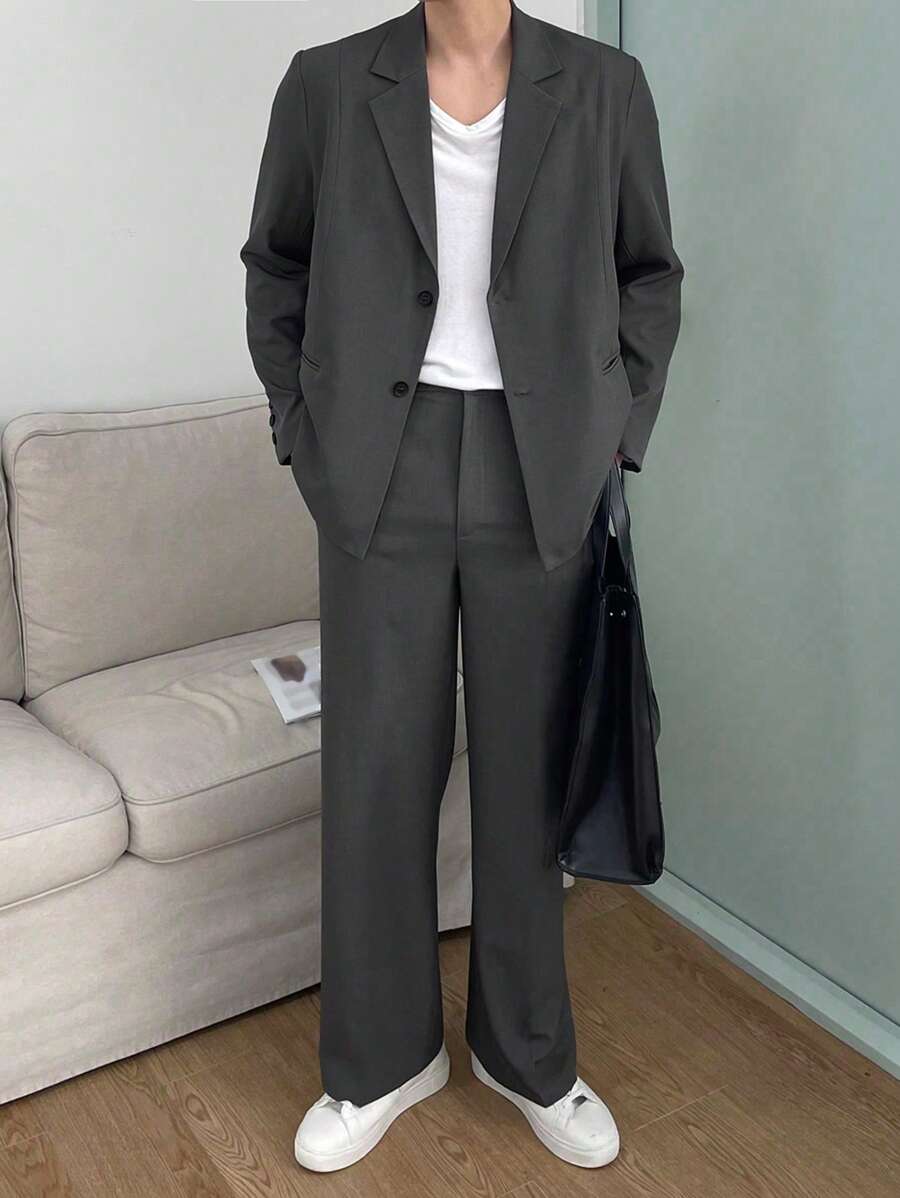 DAZY Men 2 Pieces Solid Grey Suit Set, Spring Business Attire - Grey - View 1