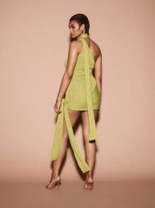 KIZN Vestido mini de punto con lurex de diseñador, con detalle de pañuelo en un solo hombro, para fiesta, noche de club, vacaciones, Año Nuevo, vestido con brillo metálico llamativo - verde menta - Ver 2