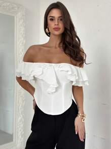 Firerie Blus Wanita Elegan, Halus, Romantis, Model Bahu Terbuka dengan Ruffle, Pas Badan, Cocok untuk Sehari-hari, Pernikahan, Pesta, Liburan, Musim Semi/Panas, Warna Aprikot - Aprikot - View 5