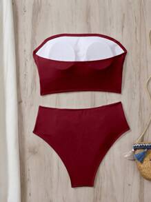 SHEIN Swim Women's Solid Color Strapless Gathered Bikini Set, Beach Summer Outfits - Burgundy - View 4