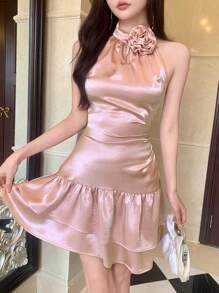 DAZY 3D Floral Decor Halter Satin Satin Cake Design Hollow-Out Backless Ladies Dress For Wedding & Banquet Summer Prom Dress Party Women Sundress