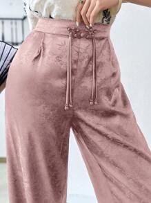 Modelyn Jacquard Drawstring Waist Wide Leg Pants, Hanfu Bottoms - Pink - View 1