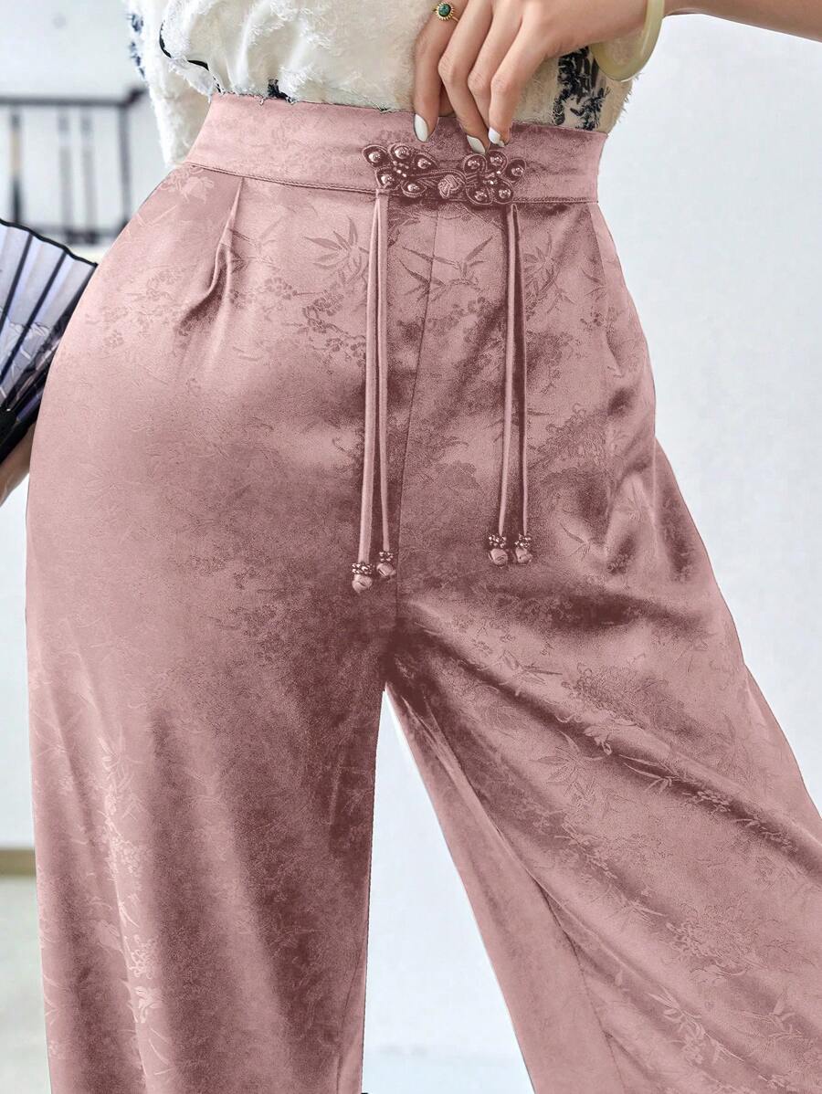 Modelyn Jacquard Drawstring Waist Wide Leg Pants, Hanfu Bottoms - Pink - View 1