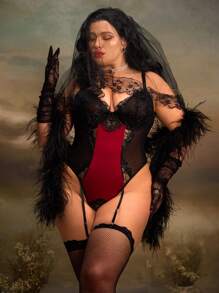 加大码 2 件套 红色对比色黑色蕾丝边性感内衣连体裤 + 丝袜 - 酒紅色 - 查看 5