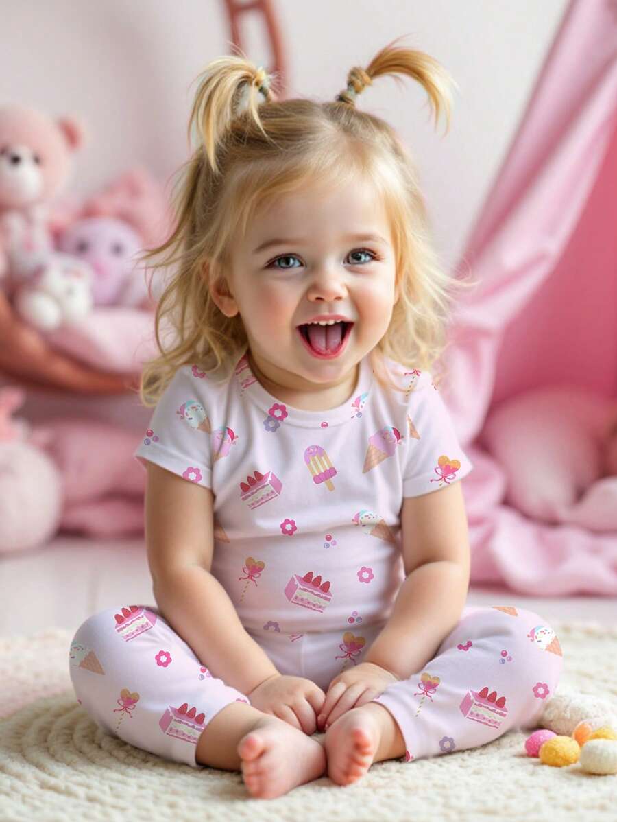 SHEIN Toddler Girls' Cake & Ice Cream Cute Print Fitted Crew Neck Comfy Short Sleeve Pajama Set, Snug Fit, Suitable For Spring/Summer - Multicolor - View 1