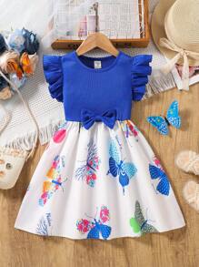SHEIN Young Girls' Simple Chic Blue Ribbed Patched Butterfly Print Ruffle Hem Dress With 3D Bow Decor, Summer - Blue - View 1