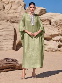 Al Najma Bohemian Fringe Embroidered Loose Women Tunic & Arabian Traditional Maxi Dress Kaftan Jalabiya Dress - Green - View 4