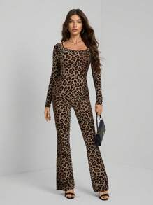 SHEIN Tall Women's Autumn Leopard Print Square Neck Long Sleeve Flared Fashion Jumpsuit