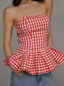 TRNVIE Top corto tipo bandeau con volante en el bajo y estampado rojo a cuadros de verano informal - Rojo y blanco - Ver 7