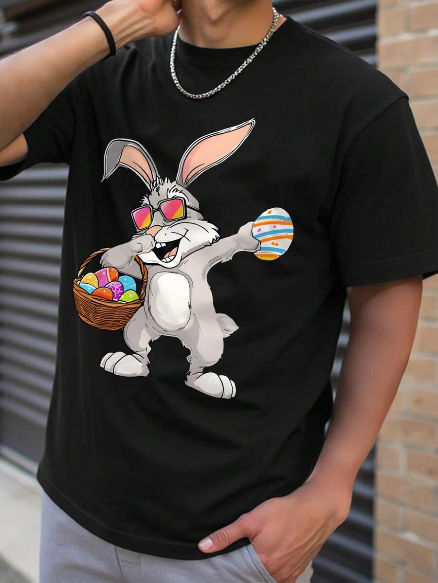 Manfinity Homme 男士复活节兔子和彩蛋印花短袖T恤 - 黑色 - 查看 1