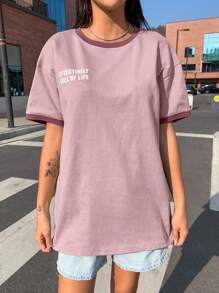 DAZY 标语图案撞色饰边落肩 T 恤，活力十足 - 粉色 - 查看 4