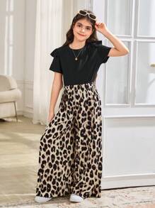 SHEIN Leap Crew Tween 女童优雅组合圆领盖袖 T 恤和阔腿豹纹裤 2 件套
