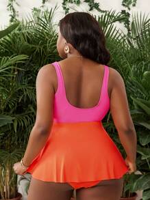 SHEIN Swim Curve Plus Size Women Fashion Casual Vacation Colorblock Hollow Tankini Swimwear Set