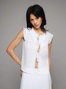 TRNVIE Spring/Summer New White Linen Casual Vacation Blouse For Women, Bow Embroidery French Tie Design With Cap Sleeves - White - View 6