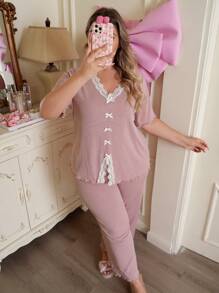 大码女式撞色蕾丝拼布罗纹短袖上衣和裤子睡衣套装 - 藕粉色 - 查看 6