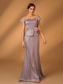 Serin 优雅庄重的灰棕色缎面露肩荷叶边袖系腰鱼尾礼服，适合新娘/新郎的母亲参加晚会、婚礼 - 灰色 - 查看 1