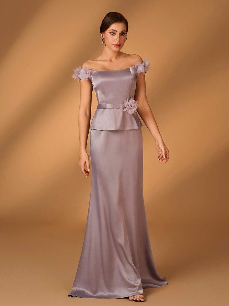 Serin 优雅庄重的灰棕色缎面露肩荷叶边袖系腰鱼尾礼服，适合新娘/新郎的母亲参加晚会、婚礼 - 灰色 - 查看 1