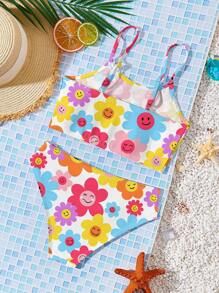 Young Girls Casual Minimalist Fitted Camisole & Bikini Swimwear Set, Suitable For Summer - Multicolor - View 3