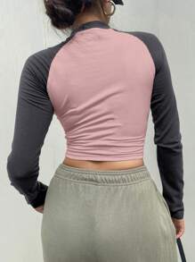 DAZY Women's Colorblock Letter Applique Long Sleeve T-Shirt, Spring & Summer - Pink - View 3