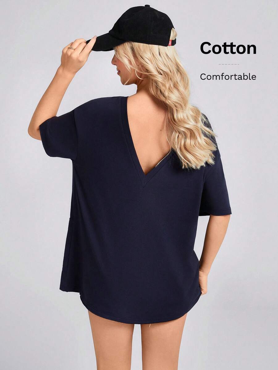 Wildy 1 套女式宽松蓝色 T 恤，深 V 领，后背，有口袋，抽绳长裤