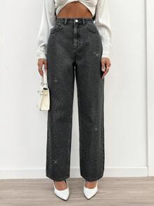 EURMUSE High Waist Diamond Detailed Straight Jean - Dark Grey - View 1