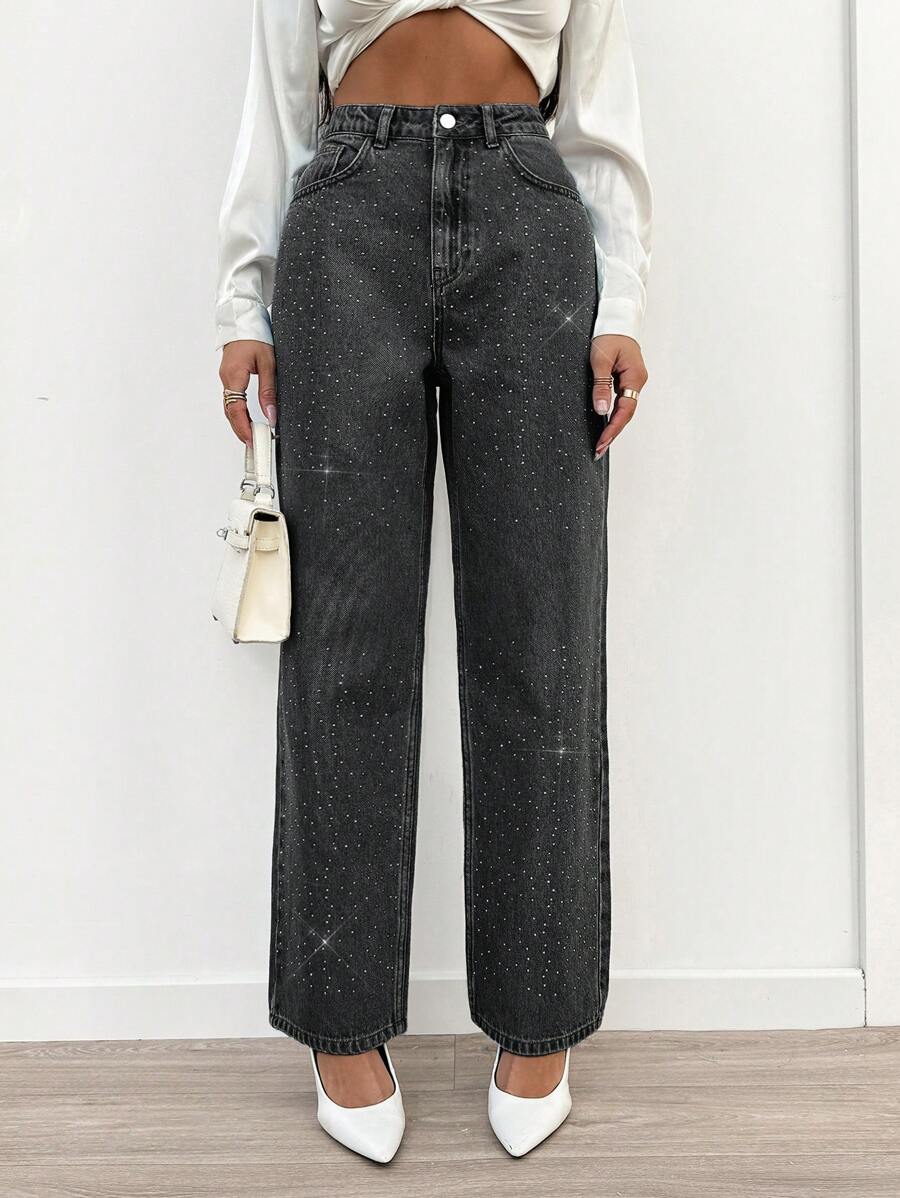 EURMUSE High Waist Diamond Detailed Straight Jean - Dark Grey - View 1