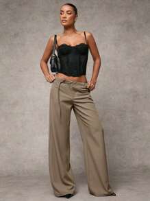 SHEIN BAE Women's Solid Gray Casual, Commuting, Daily Loose Fit Pants With Drawstring Waist & Eyelet Detail