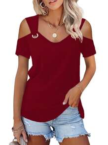 INAWLY 女士酒红色露肩 V 领短袖休闲 T 恤 - 酒紅色 - 查看 1