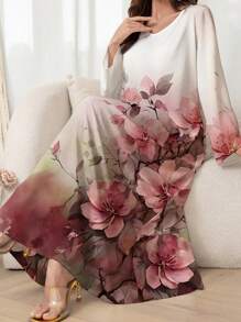 Al Najma Women's Elegant Floral Print Arabic Style Long Dress,Modest