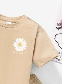 SHEIN Leap Crew 女婴休闲简约短袖服装，适合春夏季 - 卡其色 - 查看 3