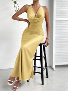 GENKIRA Đầm hở lưng hở cổ xếp nếp cổ yếm trang phục đi nghỉ cho nữ - Màu vàng - Xem 5