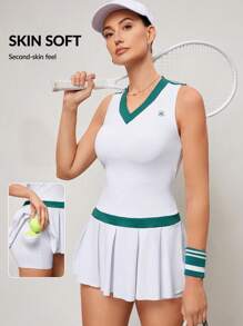 Activina Vestido deportivo corto sin mangas con empalme en contraste para mujer - Blanco - Ver 4