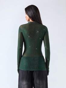 LYSMO Green Rhinestone-Embellished Women's Top - Dark Green - View 2
