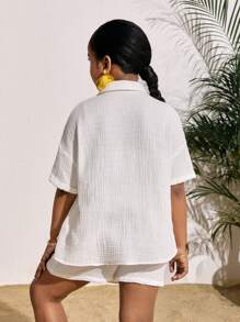 SHEIN Ensemble 2 pièces (Top et short) pour préadolescentes en vacances, chemise tressée de couleur unie à manches courtes et short droit, décontracté et