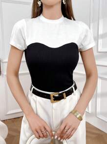 Modelyn 女士夏季拼色立領短袖休閒時尚T恤 - 黑與白 - 查看 7